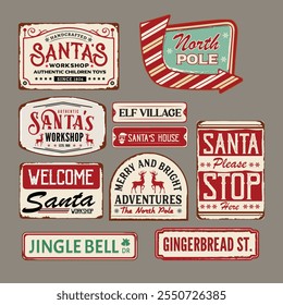 Set of vintage Santa Workshop signs combines retro charm with a classic badge aesthetic. Perfect for Christmas decorations, festive branding, greeting cards, posters, and more.