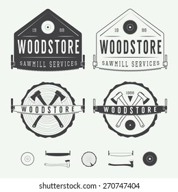 Set of vintage sawmills labels, emblems, logo, badges and design elements