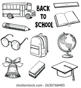 Set of vintage school elements with text Back to school in sketch style