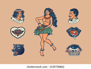 Set of vintage school Tattoo. Characters Playing Cards, hawaiian woman, lips and medicine drug, lighthouse, panther, dice and snake. Engraved hand drawn sketch. Badges, print or patches for t-shirt. 