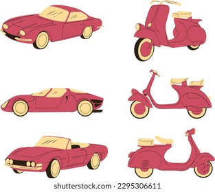 Set of vintage scooters and car . Vector illustration in a flat style.