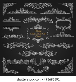 Set of vintage scroll elements on black background. Decorative swirls for your design. Vector illustration.