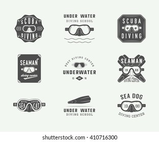 Set of vintage scuba diving logos, labels, badges and emblems. Vector Illustration