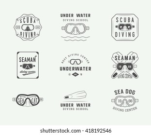 Set of vintage scuba diving logos, labels, badges and emblems. Vector Illustration
