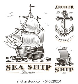 Set of vintage sea ships labels