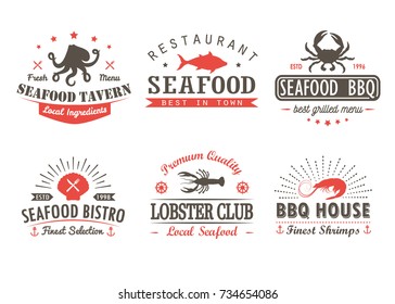 Set of vintage seafood, barbecue, grill logo templates, badges and design elements. Logotypes collection for seafood shop, cafe, restaurant. Vector illustration. Hipster and retro style.