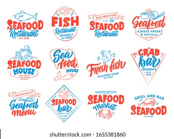 Set of vintage Seafood emblems and stamps. Colorful badges, templates, stickers on white background isolated. Collection of retro logos hand-drawn text, phrases. Vector illustration