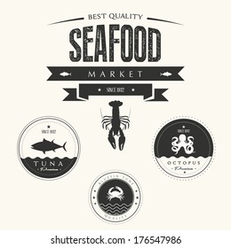 Set of vintage seafood  labels, badges and design elements