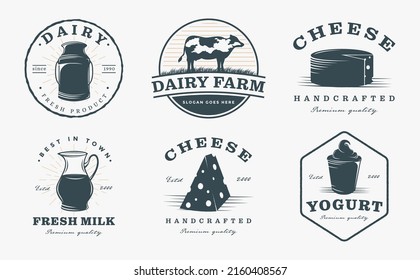 Set of Vintage seal badge Dairy logo with dairy farm and product vector icon on white background