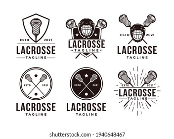 Set of Vintage seal badge lacrosse sport logo with crossed lacrosse equipment vector icon on white background