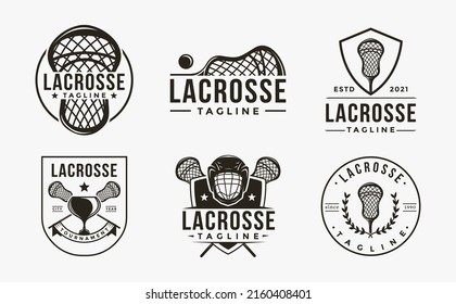 Set of Vintage seal badge lacrosse sport logo with lacrosse equipment vector icon on white background