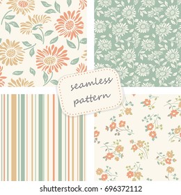 Set of vintage seamless colorful pattern in retro colors. Floral pattern. Hand drawn. Vector pattern can be used for ceramic tile, wallpaper, textile, invitation, greeting card, web page background