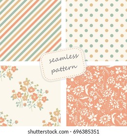 Set of vintage seamless colorful pattern in retro colors. Floral pattern. Hand drawn. Vector pattern can be used for ceramic tile, wallpaper, textile, invitation, greeting card, web page background.