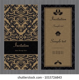 Conjunto de patrones de damasco sin costuras de época. Tarjeta de felicitación de plantilla, banner de invitación y publicidad, folleto. Colección de elementos de diseño, etiquetas, icono, marcos para embalaje, diseño de productos de lujo