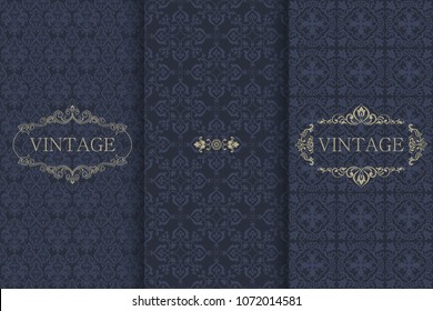 Set of Vintage seamless damask pattern. Template greeting card, invitation and advertising banner, brochure. Collection of design elements, labels, icon, frames for packaging, design of luxury product