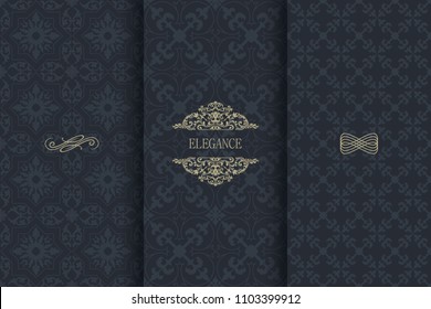 Set of Vintage seamless damask pattern. Collection of design elements, labels, icon, frames for packaging, design of luxury product. Template greeting card, invitation and advertising banner, brochure