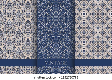 Set of Vintage seamless damask pattern.  Hand drawn background. Wallpaper in Turkish style. Islam, Arabic, Indian, Ottoman motifs. Template greeting card, invitation and advertising banner, brochure.