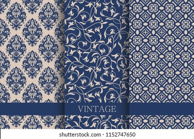 Set of Vintage seamless damask pattern.  Hand drawn background. Wallpaper in Turkish style. Islam, Arabic, Indian, Ottoman motifs. Template greeting card, invitation and advertising banner, brochure.