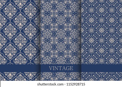 Set of Vintage seamless damask pattern.  Hand drawn background. Wallpaper in Turkish style. Islam, Arabic, Indian, Ottoman motifs. Template greeting card, invitation and advertising banner, brochure.