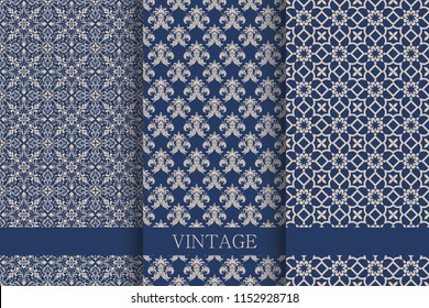 Set of Vintage seamless damask pattern.  Hand drawn background. Wallpaper in Turkish style. Islam, Arabic, Indian, Ottoman motifs. Template greeting card, invitation and advertising banner, brochure.