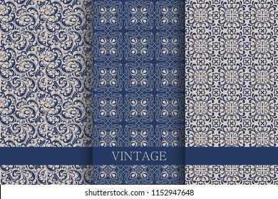 Set of Vintage seamless damask pattern.  Hand drawn background. Wallpaper in Turkish style. Islam, Arabic, Indian, Ottoman motifs. Template greeting card, invitation and advertising banner, brochure.