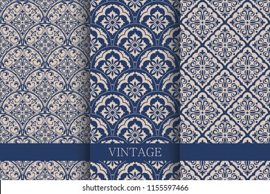 Set of Vintage seamless damask pattern.  Hand drawn background. Wallpaper in Turkish style. Islam, Arabic, Indian, Ottoman motifs. Template greeting card, invitation and advertising banner, brochure.