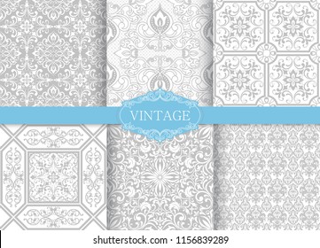 Set of Vintage seamless damask pattern. Tile. Hand drawn background. Wallpaper in Turkish style. Islam, Arabic, Indian, Ottoman motif. Template greeting card, invitation, advertising banner, brochure.
