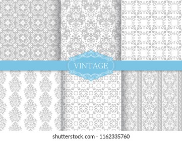 Set of Vintage seamless damask pattern. Tile. Hand drawn background. Wallpaper in Turkish style. Islam, Arabic, Indian, Ottoman motif. Template greeting card, invitation, advertising banner, brochure.