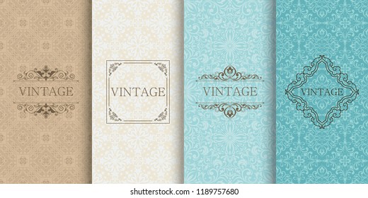 Set of Vintage seamless damask pattern on bright background. Wallpaper in Turkish style. Islam, Arabic, Indian, Ottoman motifs. Template greeting card, invitation and advertising banner, brochure
