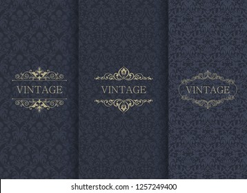 Set of Vintage seamless damask pattern. Template greeting card, invitation and advertising banner, brochure. Collection of design elements, labels, icon, frames for packaging, design of luxury product