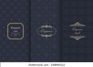 Set of Vintage seamless damask pattern. Collection of design elements, labels, icon, frames for packaging, design of luxury product. Template greeting card, invitation and advertising banner, brochure