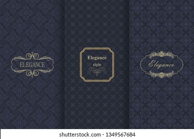 Set of Vintage seamless damask pattern. Collection of design elements, labels, icon, frames for packaging, design of luxury product. Template greeting card, invitation and advertising banner, brochure