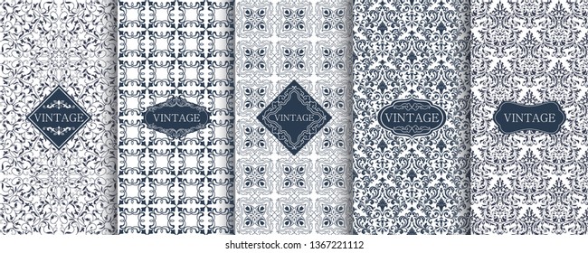 Set of Vintage seamless damask pattern. Template greeting card, invitation and advertising banner, brochure. Collection of design elements, labels, icon, frames for packaging, design of luxury product