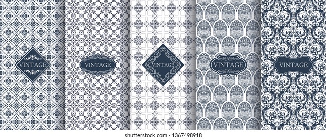 Set of Vintage seamless damask pattern. Template greeting card, invitation and advertising banner, brochure. Collection of design elements, labels, icon, frames for packaging, design of luxury product