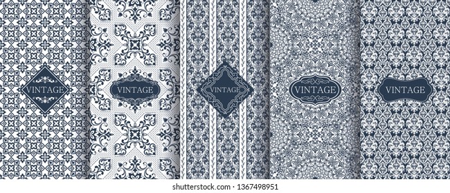 Set of Vintage seamless damask pattern. Template greeting card, invitation and advertising banner, brochure. Collection of design elements, labels, icon, frames for packaging, design of luxury product