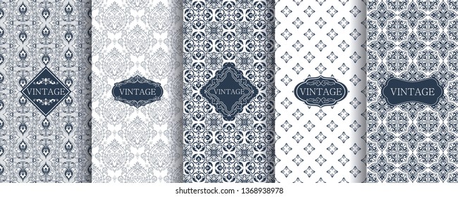 Set of Vintage seamless damask pattern. Template greeting card, invitation and advertising banner, brochure. Collection of design elements, labels, icon, frames for packaging, design of luxury product