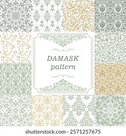 Set of Vintage seamless damask pattern. Collection from hand drawn patterns wallpaper in Victorian style. Vintage frame. Vector illustration