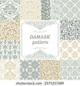 Set of Vintage seamless damask pattern. Collection from hand drawn patterns wallpaper in Victorian style. Vintage frame. Vector illustration