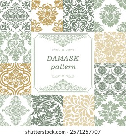 Set of Vintage seamless damask pattern. Collection from hand drawn patterns wallpaper in Victorian style. Vintage frame. Vector illustration