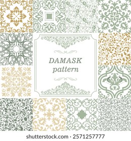 Set of Vintage seamless damask pattern. Collection from hand drawn patterns wallpaper in Victorian style. Vintage frame. Vector illustration