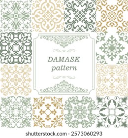 Set of Vintage seamless damask pattern. Collection from hand drawn patterns wallpaper in Victorian style. Vintage frame. Vector illustration