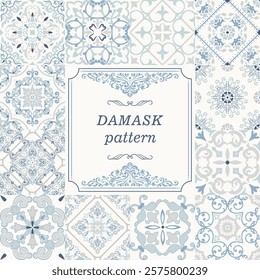 Set of Vintage seamless damask pattern. Collection from hand drawn patterns wallpaper in Victorian style. Vintage frame. Vector illustration