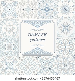 Set of Vintage seamless damask pattern. Collection from hand drawn patterns wallpaper in Victorian style. Vintage frame. Vector illustration