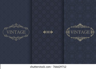 Set of Vintage seamless damask pattern and elegant floral elements in dark blue, black and gold. Collection of design elements, labels, icon, frames for packaging,design of luxury products