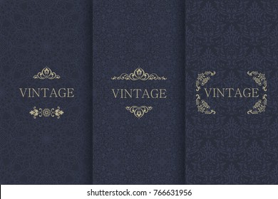 Set of Vintage seamless damask pattern and elegant floral elements in dark blue, black and gold. Collection of design elements, labels, icon, frames for packaging,design of luxury products