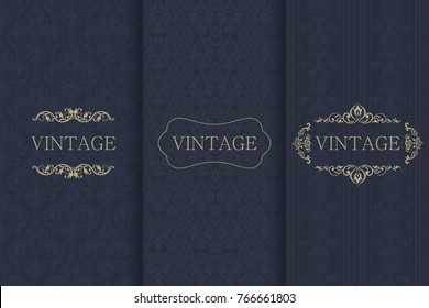 Set of Vintage seamless damask pattern and elegant floral elements in dark blue, black and gold. Collection of design elements, labels, icon, frames for packaging,design of luxury products