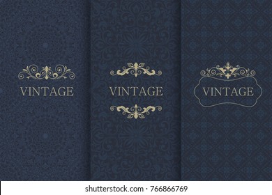 Set of Vintage seamless damask pattern and elegant floral elements in dark blue, black and gold. Collection of design elements, labels, icon, frames for packaging,design of luxury products. Invitation