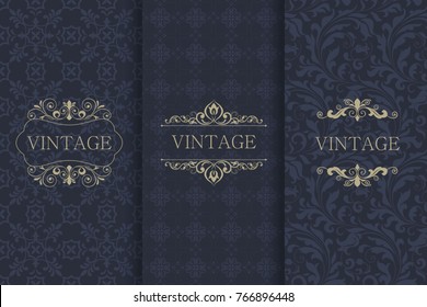 Set of Vintage seamless damask pattern and elegant floral elements in dark blue, black and gold. Collection of design elements, labels, icon, frames for packaging,design of luxury products. Invitation