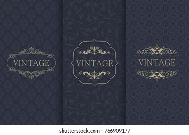 Set of Vintage seamless damask pattern and elegant floral elements in dark blue, black and gold. Collection of design elements, labels, icon, frames for packaging,design of luxury products. Invitation