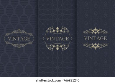 Set of Vintage seamless damask pattern and elegant floral elements in dark blue, black and gold. Collection of design elements, labels, icon, frames for packaging,design of luxury products. Invitation